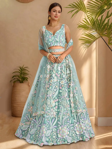Dazzling Sky-Blue Sequins Net Engagement Wear Lehenga Choli